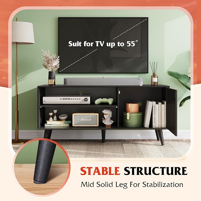 WLIVE TV Stand for 55 Inch TVs, Entertainment Center with Storage Cabinet, Mid-Century TV Stands for Living Room and Bedroom, 50" TV Console, Black