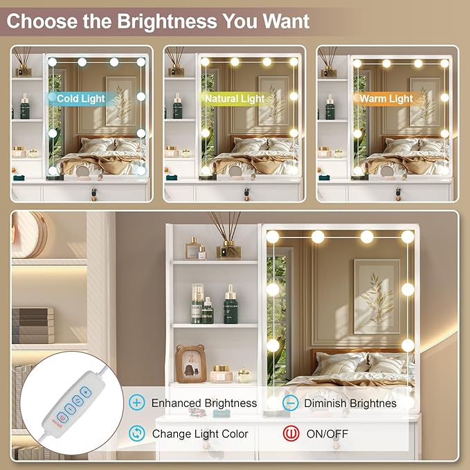 Vanity Set with Mirror and Lights, Vanity Table with Stool, Lighted Mirror 10 Dimmable Bulbs, 6 Drawers, Makeup Vanity Desk for Girls, White Bedroom Dressing Table