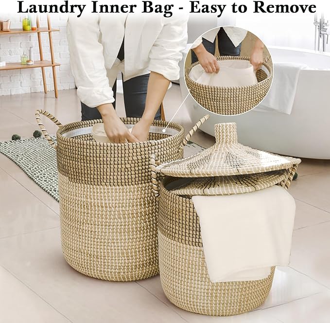 3 Pack Laundry Baskets Hamper, Seagrass Handwoven Storage Basket with Lid Handles, Natural Vietnamese Woven Decorative Wicker Clothes Hamper, Suitable for Any Home Style, Gifts for Friends