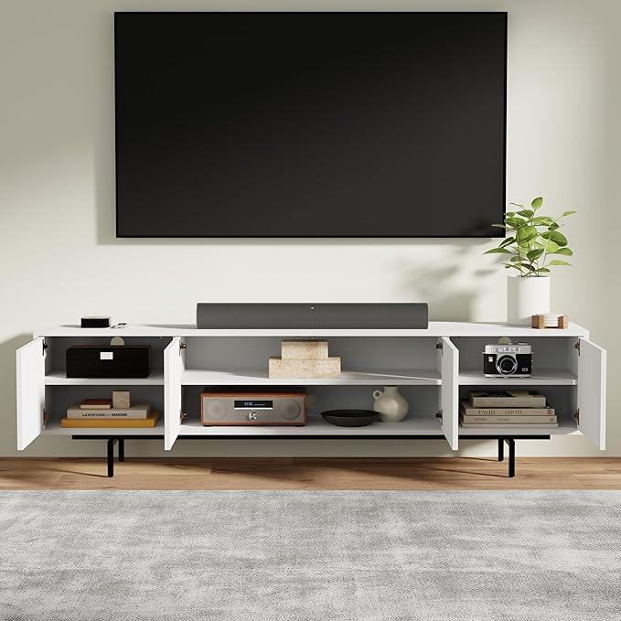 Norrhaus 75" x 20" 4-Door TV Stand in White - Modern TV Console Made from Quality Engineered Hardwood with Water Resistant Melamine Veneer - No Tools Frame Assembly