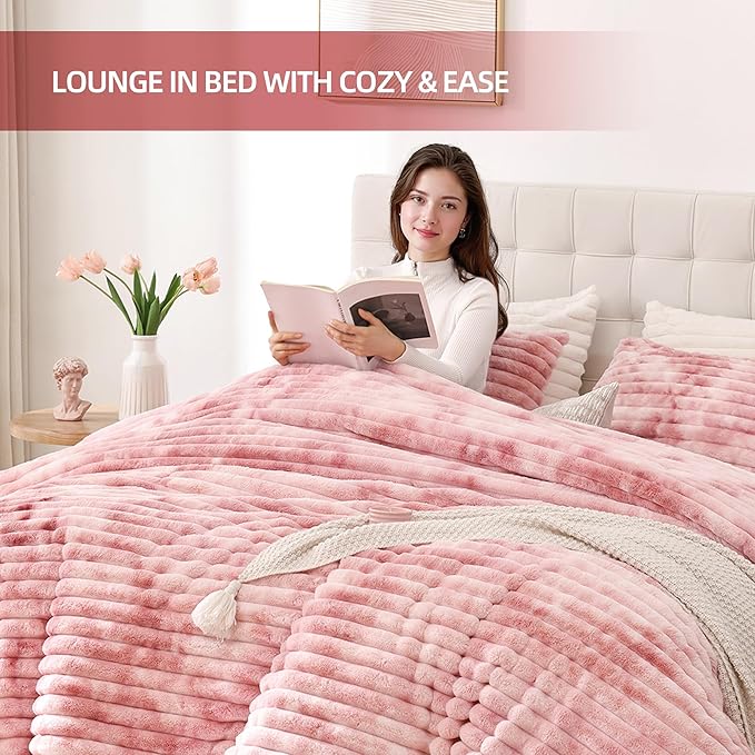 Smoofy Fluffy Queen Size Comforter Set 3 Pieces - Tie-dye Pink Fleece Fluffy Comforter Set, Luxury Fuzzy Queen Bedding Set, Soft Warm Bed Set All Season, Heavy Faux Fur Comforter with 2 Pillow Cases