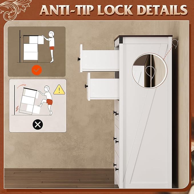 WLIVE Farmhouse White Dresser for Bedroom, 5 Drawer Dresser Storage Organizer, Tall Wood Dressers with Double Rustic Handle, Chest of Drawers for Living Room, Hallway, Closet