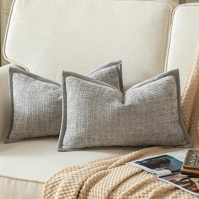 Yaertun Pack of 2 Chenille Textured Decorative Throw Pillow Covers Accent Solid Cushion Cover Soft Cozy Pillow Case with Velvet Back for Couch Sofa Bed Living Room 12x20 Inch Light Grey