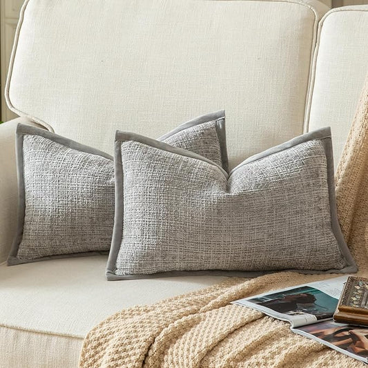 Yaertun Pack of 2 Chenille Textured Decorative Throw Pillow Covers Accent Solid Cushion Cover Soft Cozy Pillow Case with Velvet Back for Couch Sofa Bed Living Room 12x20 Inch Light Grey