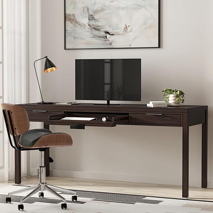 SIMPLIHOME Hollander Desk - 72-Inch Wide Solid Wood Writing Desk in Warm Walnut Brown, Contemporary Modern Home Office Computer Table for Study with 2 Drawers and Flip-Down Keyboard Tray