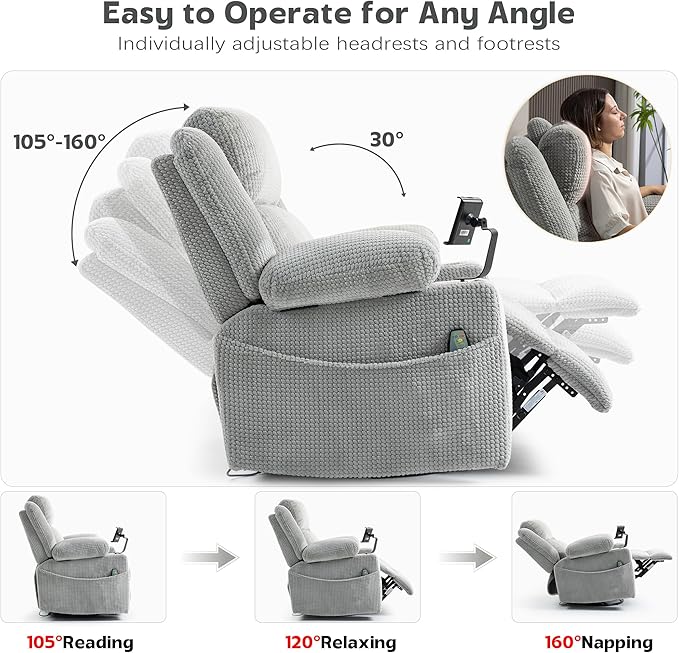 Dual Motor Power Oversized Swivel Rocker Recliner Chair with Adjustable Headrest for Adults, Glider Rocking Chairs with Vibration and Heat, USB Type C, Armrest Storage, Cup Holder, Light Gray