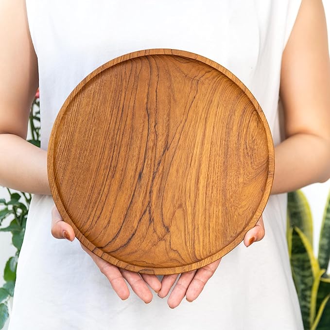 Rainforest Bowls Set of 4 10" Round Javanese Teak Wood Dinner Plates- Perfect for Everyday Use- Hot & Cold Friendly, Ultra-Durable, Premium Wooden Plates- Handcrafted by Indonesian Artisans