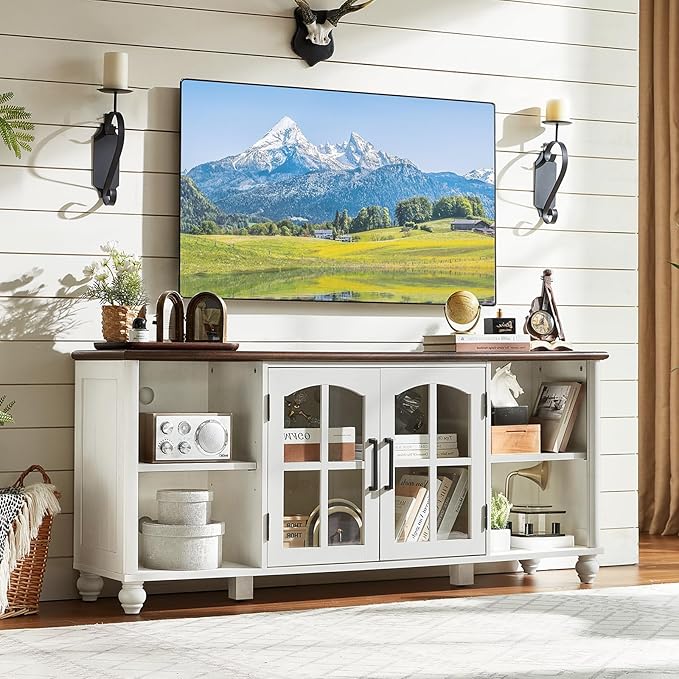 Farmhouse TV Stand for 60 Inch TV, Wood Entertainment Center with Glass Door Storage Cabinet & Adjustable Shelves,Television Stands for 65" TVS, TV Console Table for Living Room,Bedroom,White