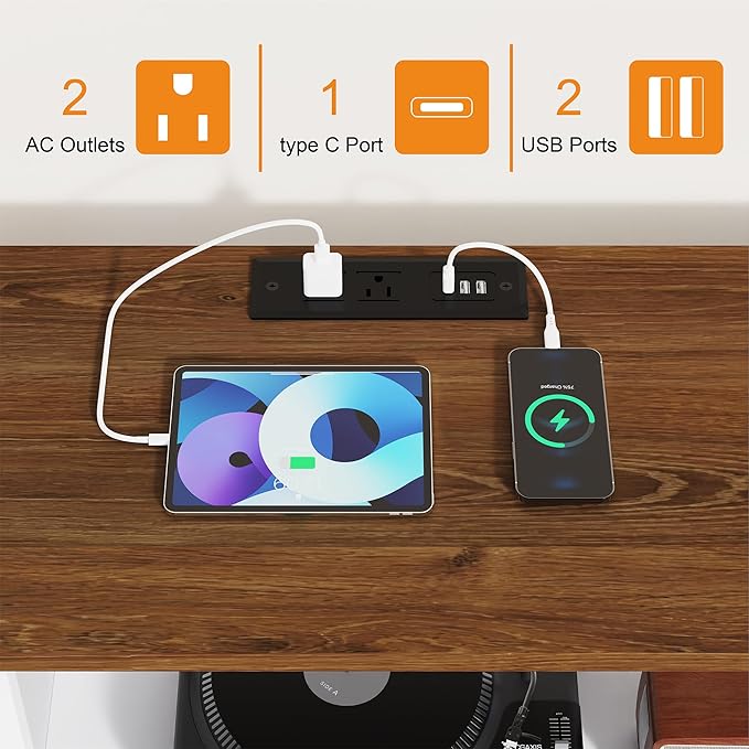 Dresser for Bedroom with LED Lights, TV Stand with Charging Station for 50 inch TV, 6 Drawers Chest with Door and Side Storage, Wide Metal Dresser Table for Living Room, White and Brown