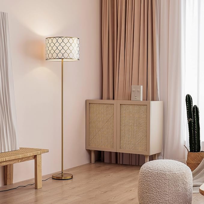 Globe Electric 65787 Kinsley 65" Floor Lamp, Matte Brass, Metal Mesh Over Cotton Shade