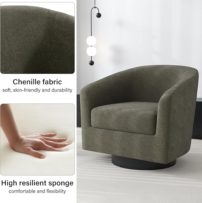 Swivel Barrel Accent Chair, Modern Round Chenille Fabric Arm Chair for Living Room, Bedroom, Comfy Club Reading Chairs for Adults（Chenille Fabric, Tan, Set of 4