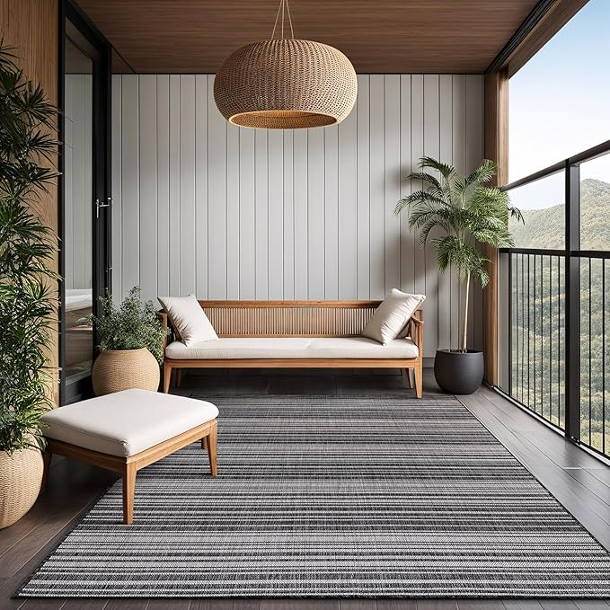 Stripe Outdoor Rug 8x10 Washable Outside Carpet for Indoor Patio Porch Waterproof Easy Cleaning Non Shedding Area Rugs Dark Gray 8 x 10