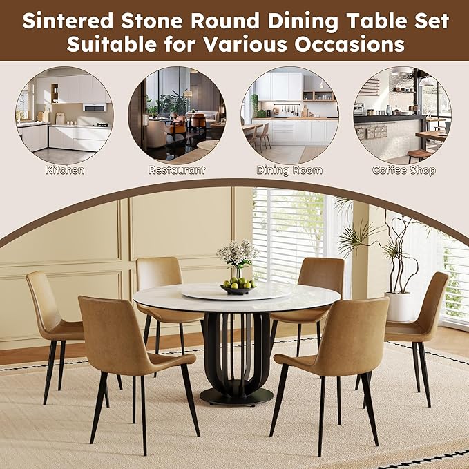 Dining Table Set with 8 Chairs, 59" Round Modern Marble Dining Table with Lazy Susan, Sintered Stone Top for Kitchen, Dining Room, Dinette