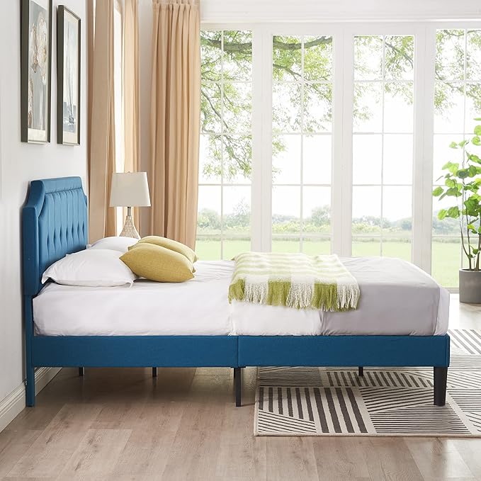 VECELO Queen Size Platform Bed Frame with Fabric Upholstered Headboard and Wooden Slats Support, No Box Spring Needed/Easy Assembly,Blue