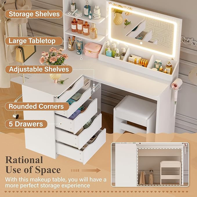 JUMMICO Makeup Vanity Desk with Mirror and Lights, L- Shaped Vanity, Modern Vanity Table with 5 Drawers & Adjustable Shelves, Power Outlet with Fast Charging, for Bedroom (White)