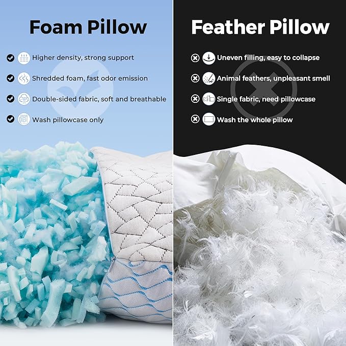 puredown Pillows Queen Size Set of 2, Shredded Memory Foam Pillows, Cooling Foam Pillow for Sleeping, Soft Bed Pillow Queen Size with Adjustable Foam for Side, Back and Stomach Sleepers