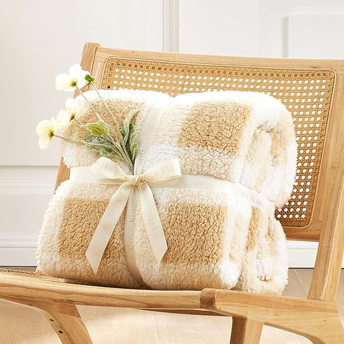 Cozy Bliss Ultra Soft Reversible Double Sherpa Sided Blanket, Buffalo Plaid Throw Blanket Fluffy Thick Warm Plush Fuzzy Blanket for Couch, Bed and Gifts (Beige, 60" x 80")