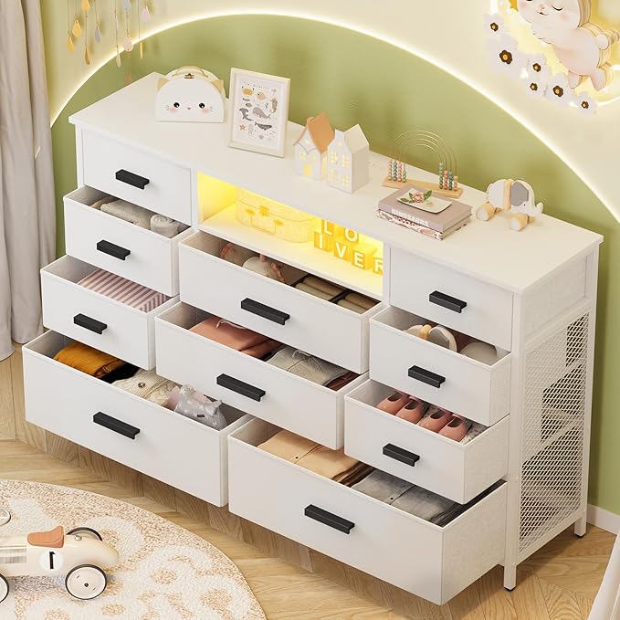 Dresser with Charging Station, White Dresser for Bedroom with 10 Drawers, TV Stand Storage with LED Light for 55" TV, Fabric with PU Finish, Morden Chest of Drawers for Bedroom, Closet