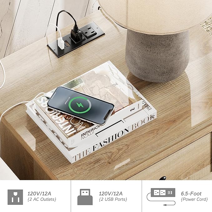 WAMPAT TV Stand for 75 Inch TV, Wood TV Cabinet Entertainment Center with Charging Station, Glass Door Buffet Cabinet for Dining Room, Oak