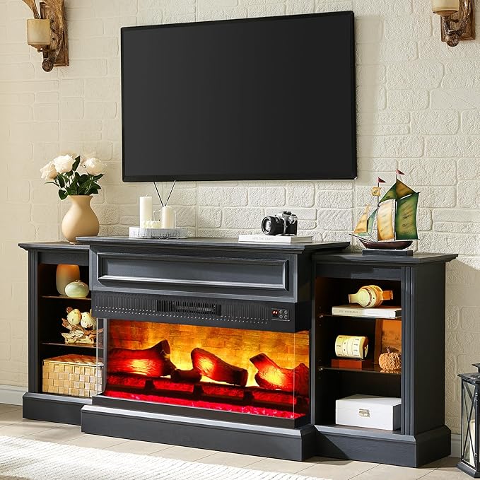 AMERLIFE 60" Electric Fireplace with Mantel, Farmhouse 3-Sided Fireplace TV Stand for TVs up to 65 Inch, Entertainment Center with Adjustable Shelves & LED Light, Antique Black