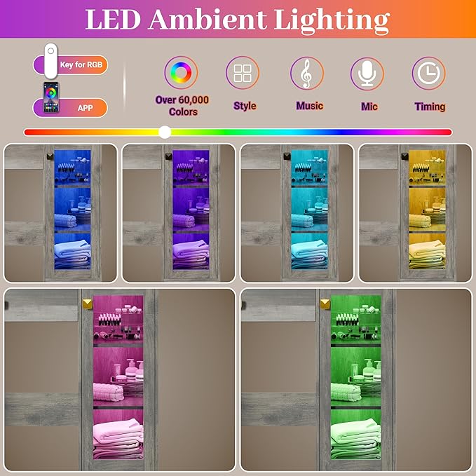 Makeup Vanity with Mirror and Lights, 34'' Wide Dressing Table with Charging Station & RGB Glass Cabinet, Small Vanity Desk with 3 Color Lighting Modes & Adjustable Brightness, Grey