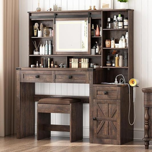 Farmhouse 47.2" Makeup Vanity Desk with Sliding Mirror and Lights, Vanity Set with Stool & Charging Station, 3 Colors Lights, Glass Desktop, Ample Storage, Brown
