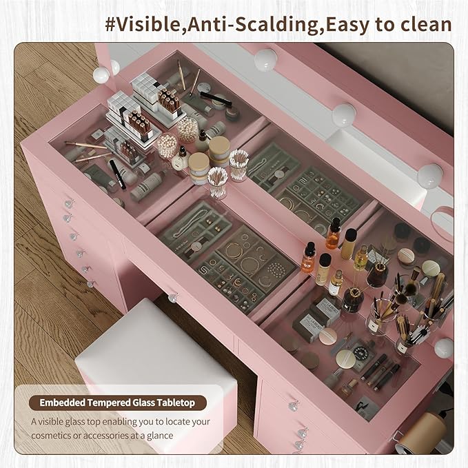 55'' Vanity Desk, Makeup Vanity with Charging Station, 13 Drawers with Lighted Mirror, 3 Lighting Modes, Brightness Adjustable, Glass Top, Vanity Table with Chair for Bedroom, Pink