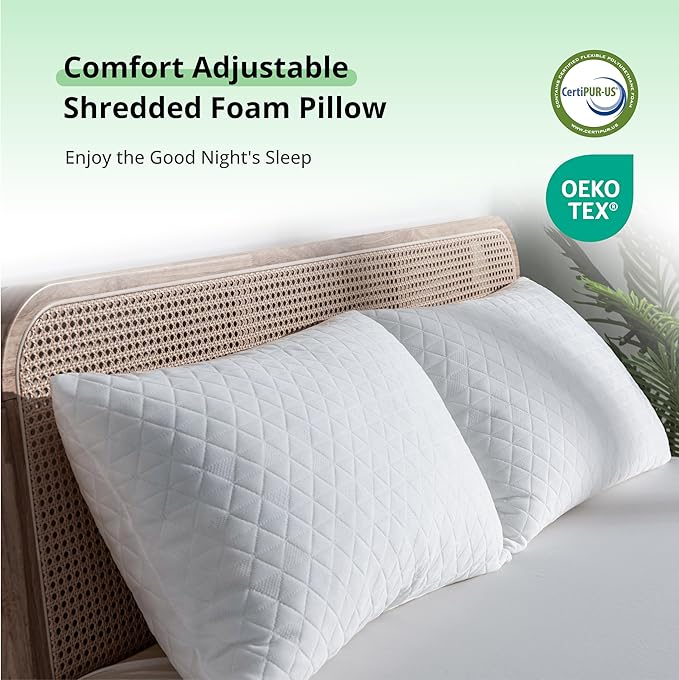 Shredded Memory Foam Pillows, Adjustable Bed Pillows for Side, Back or Stomach Sleepers, Neck Pillows for Sleeping, Queen Size Pillow with Removable Cover(Pack of 1, Adjustable)
