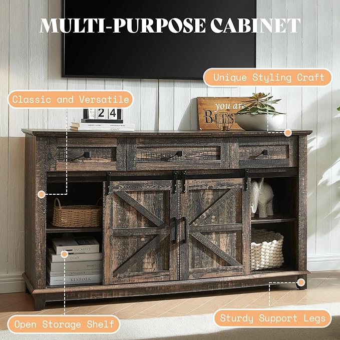 AMERLIFE Farmhouse TV Stand for Televisions up to 65 Inchs, Entertainment Center with Sliding Barn Doors and Storage Drawers, 59" TV Stand with Cabinets, Rustic Oak Black