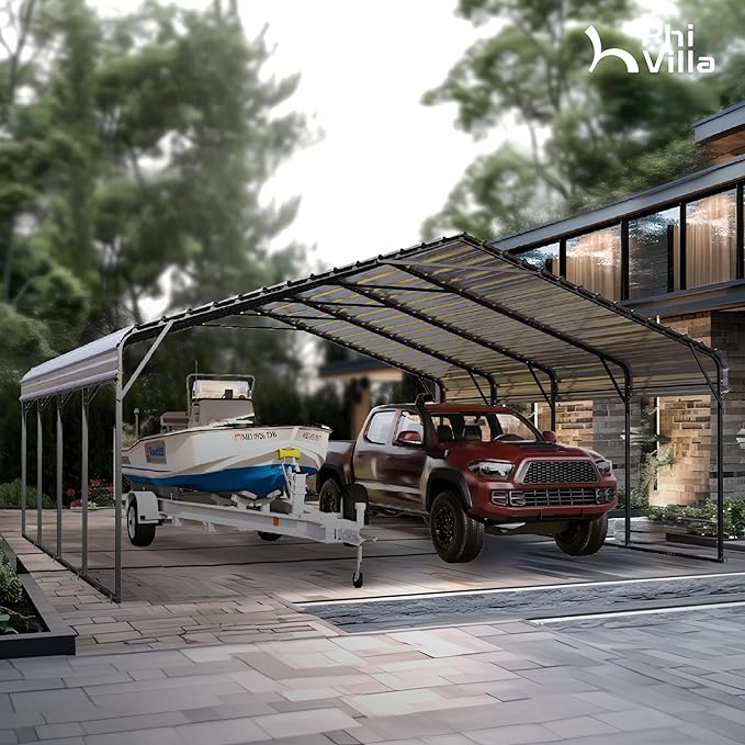 PHI VILLA 2 car Metal Carports 20 x 20 ft Carport with Galvanized Steel Roof, Sturdy Heavy Duty Metal Carport for Cars, Boats, and Tractors