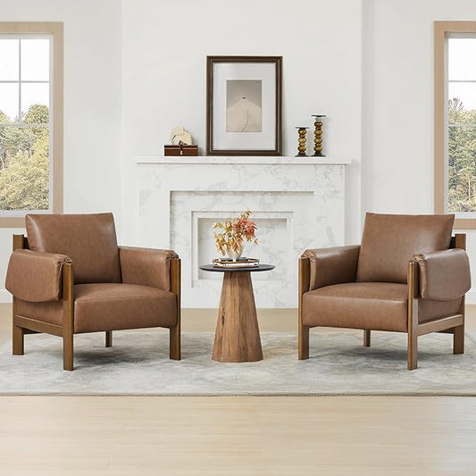CHITA Accent Chair Set of 2, Mid Century Modern Upholstery Armchair for Living Room, Solid Wood Frame, Faux Leather in Saddle Brown