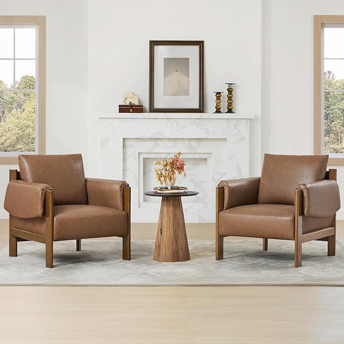 CHITA Accent Chair, Mid Century Modern Upholstery Armchair for Living Room, Solid Wood Frame, Faux Leather in Saddle Brown