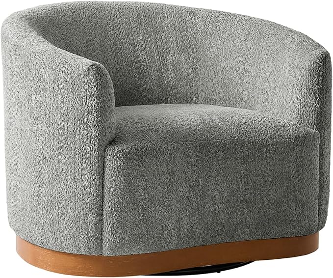 HULALA HOME Chenille Swivel Accent Chair, Fully Assembled, Comfy Upholstery Barrel Armchair with Sturdy Solid Wood Base, Grey