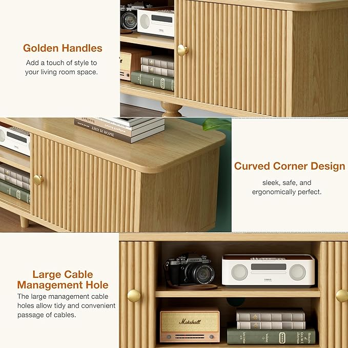 Mid-Century Modern Fluted TV Stand, Solid Wood Home Entertainment Center with Storage Cabinets and Shelves, Retro Media Console Table, for Living Room, Nature