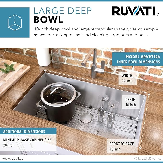 Ruvati 26-inch Undermount 16 Gauge Tight Radius Stainless Steel Kitchen Sink Single Bowl - RVH7126