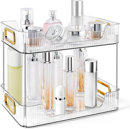2-Tier Bathroom Counter Organizer Countertop Storage, Dresser Organizer Vanity Tray for Makeup, Perfume Organizer Cosmetics Skincare Shelf - Clear