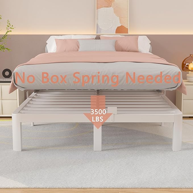 10 Inch King Size Bed Frame with Metal Baffles, White King Bed Frame No Box Spring Needed, Heavy Duty Steel Platform Support, Storage Space, Reserved Holes, Round Corner Legs, Noiseless