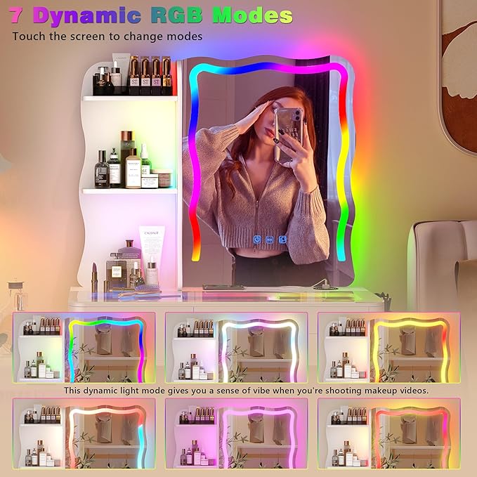 RGB Makeup Vanity Desk with Wireless Charging Station,Vanity Mirror with Lights Desk and Chair,8 Drawers,Stool,7 Dynamic and 7 Static Dimmable Vanity Table with Glass Desktop