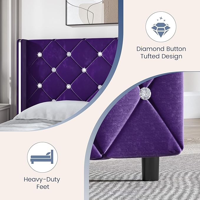 HOMBCK King Bed Frame with Headboard, Upholstered Platform Bed with Wingback Design, Modern Diamond Bed Frame with Tufted Deep Button, No Box Spring Needed, Easy Assembly, Purple