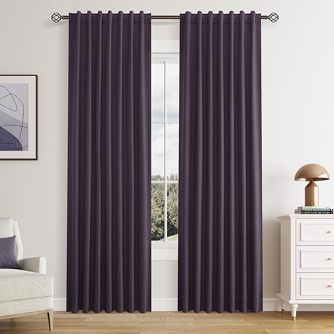 Guken Blackout Curtains 84 Inch Length 2 Panels Set for Living Room Bedroom Back Tab Thermal Insulated 100% Black Out Linen Drapes Room Darkening Window Curtains 84 Inches Long,Plum