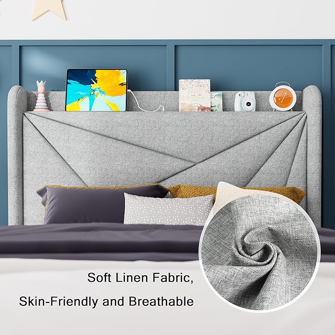 Feonase Twin Bed Frames, Upholstered Bed Frame with Charging Station, Wingback Storage Headboard, No Box Spring Needed, Noise-Free, Light Gray