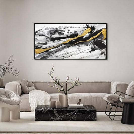 XLSJERST Black and White Abstract Wall Art - Large Frame Canvas Wall Art for Living Room Bedroom Modern Gold Ink Painting Style Picture Artwork for Wall Decor Size 29x58 Inches
