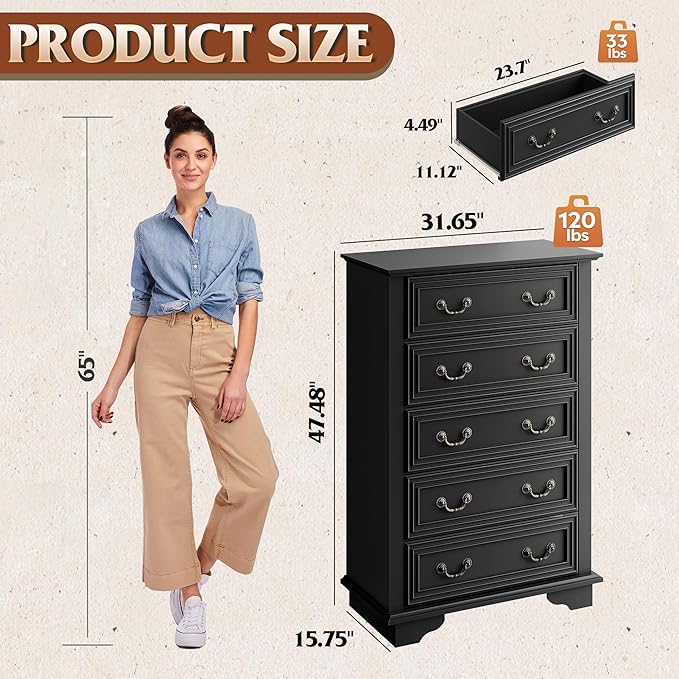 WLIVE Farmhouse Dresser for Bedroom, Tall Wood Dresser with 5 Drawer, Chest of Drawers with Roman Metal Handle for Living Room, Hallway, Closet, Black