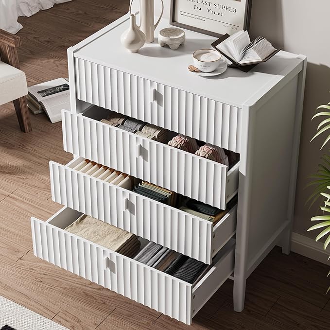 White 4 Drawer Dresser, Modern Chest of Drawers for Bedroom, Wood Storage Dresser Organizer with Deep Drawers for Clothes, Nightstand for Bedroom, Hallway, Living Room, Entryway
