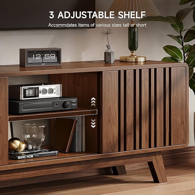 63-Inch TV Stand for TVs up to 75 Inch, Mid-Century Modern Television Stand with Power Outlet， Entertainment Center with Sliding Grille Door Cabinets and Open Shelves for Living Room, Walnut