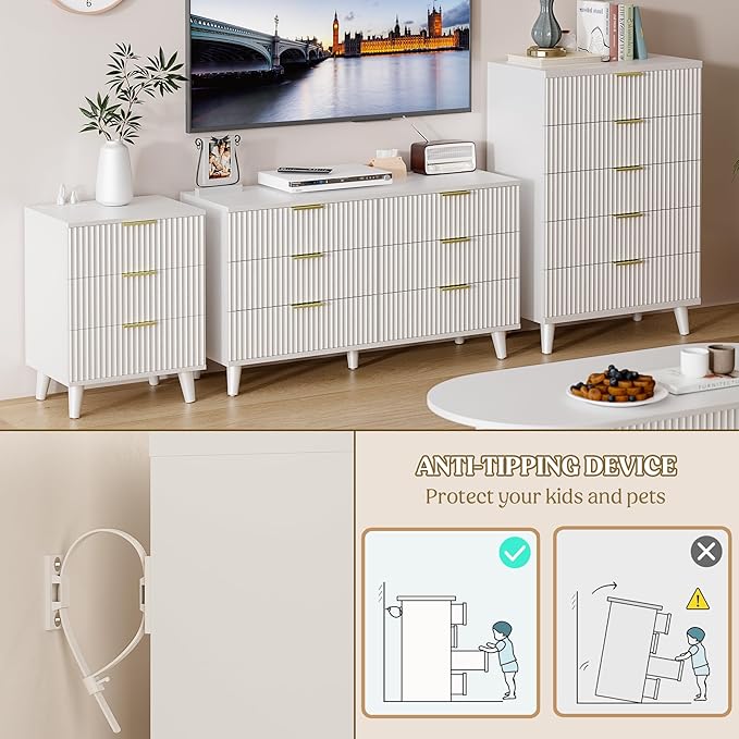 Lulive White Dresser for Bedroom Wood Tall Dressers Drawers, Fluted Modern Dresser 5 Drawers White