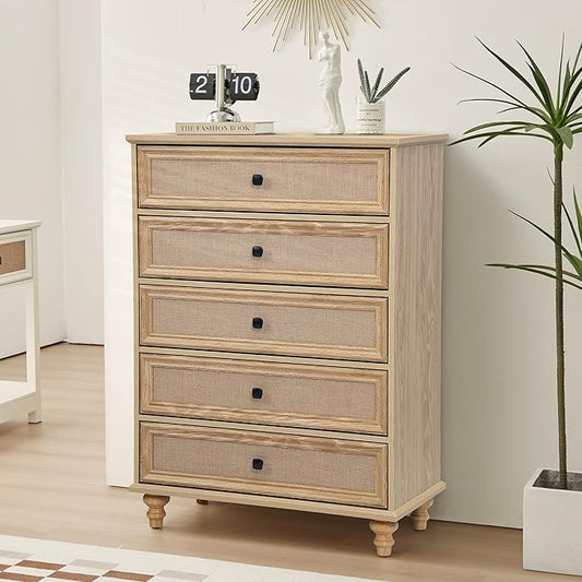 ORRD 5 Drawer Dresser for Bedroom, Mid Century Modern Wide Wood Rustic Chest of Drawers Wooden Storage Organizer Dressers with Burlap Rattan Drawers for Living Room, Hallway Closet, Entryway, Natural
