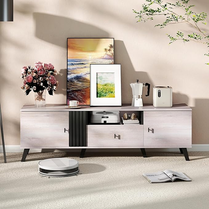 Giantex Mid Century ModernTV Stand for 65-80 Inch TV, Wood Entertainment Center with Storage Drawer, 2 Side Cabinet &Open Shelf, TV Console Table for Bedroom, Living Room