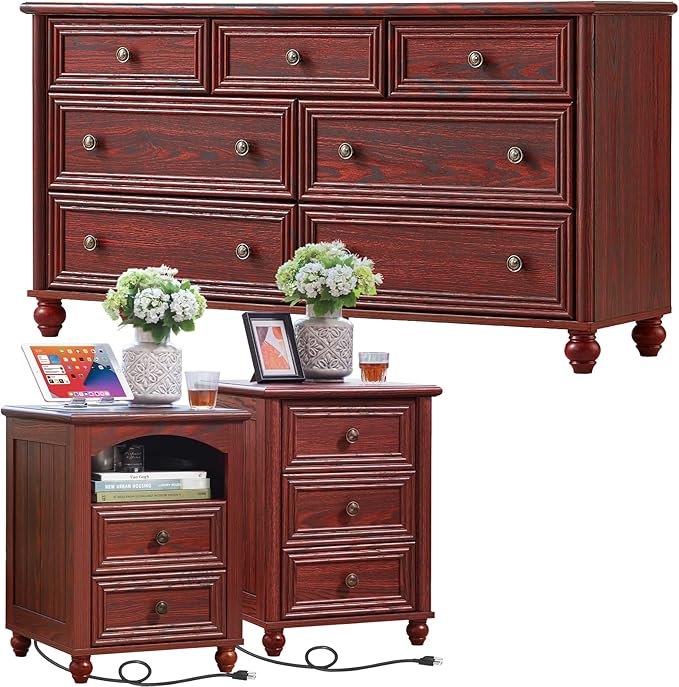 Dressers & Night Stand Set of 3, Wood 54'' Wide Dresser & 18'' Chest of Drawers, Roman Column 2 & 3 Drawer Nightstand Set of 2, Furniture 7 Drawer Dresser Suites for Bedroom Living Room, Hallway, Home