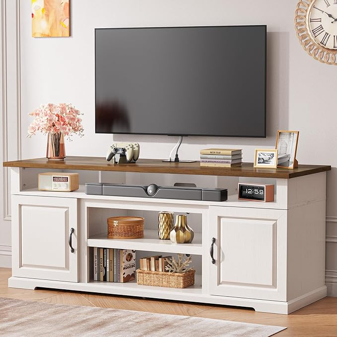 Amada Farmhouse TV Stand for TVs Up to 80 inches, Modern Entertainment Center TV Stand with Drawers Storage Cabinets, Adjustable Shelves, Rustic Media TV Console Table for Living Room, Bedroom, White